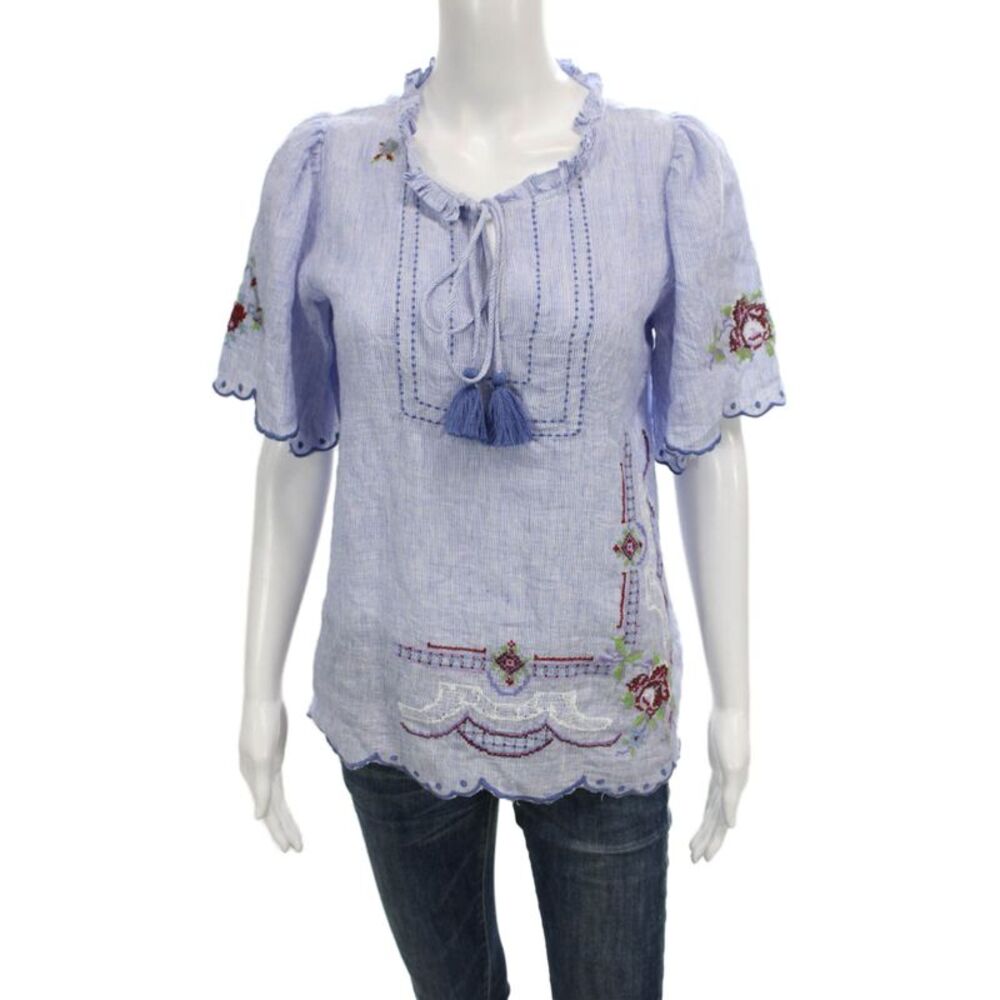 Rose And Rose Womens Blue Linen Floral Boho Tunic Short Sleeve Tie Size XS